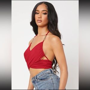 Cross Wrap Chain Detail Tie Backless Crop